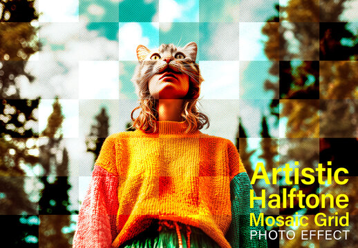 Halftone Mosaic Grid Glow Photo Effect PSD