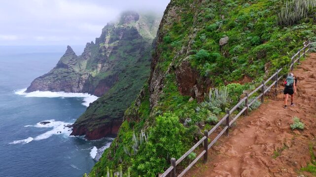 Aerial tracking shot of female hiker on a narrow coastal trail along the dramatic Anaga cliffs in Tenerife
