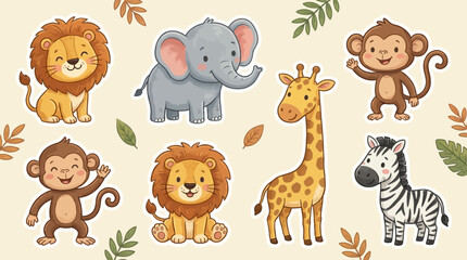 Fototapeta premium Adorable Jungle Safari Animal Characters Vector Set for Children's Designs, Cute Wildlife Friends Illustration