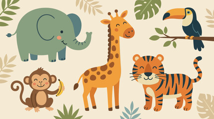 Fototapeta premium Jungle Adventure A Delightful Collection of Adorable Cartoon Safari Animals for Children