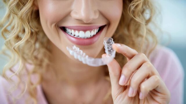 Clear aligner closeup with smiling woman holding transparent night guard for bruxism protection, personalized express aligner therapy, digital planning, virtual setup, custom orthodontic solution