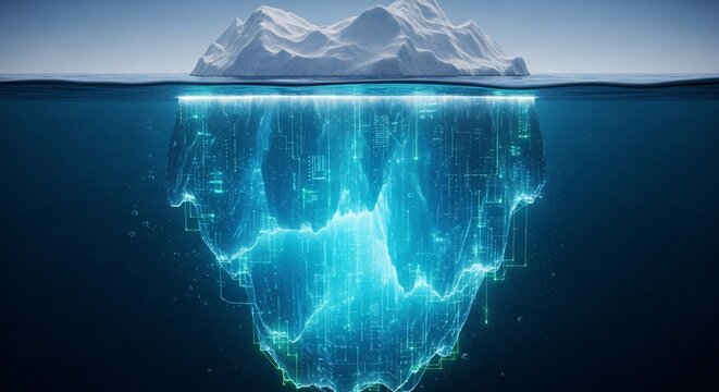 An iceberg with its visible tip above water and a glowing, intricate digital network structure submerged beneath the ocean surface, symbolizing hidden data or complex systems.