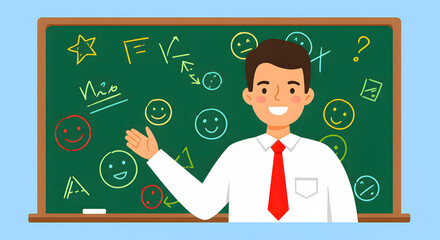Illustration of a smiling male teacher explaining in front of a green chalkboard filled with various colorful symbols and letters