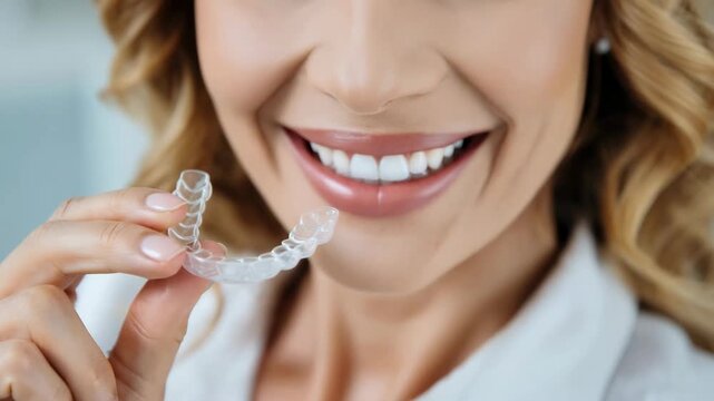 Clear aligner in hand of smiling woman focusing on dental health and orthodontic treatment, invisible braces for teeth alignment, modern dentistry solutions, oral hygiene care, slow motion