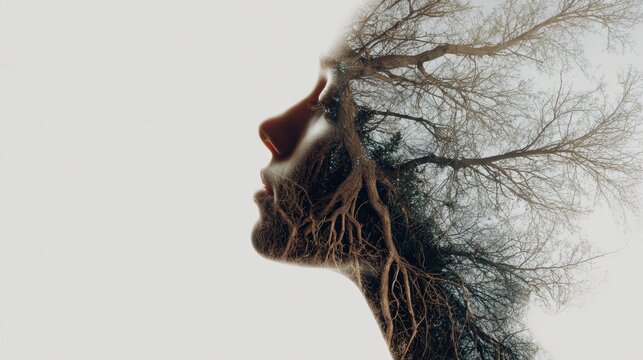 Minimal profile fused with bare branches and delicate roots, highcontrast monochrome aesthetic, sparse composition evokes solitude and stillness, breath of winter, fragile beauty and contemplative