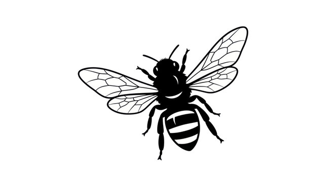 Black and white silhouette of a bee with detailed wings on a white background