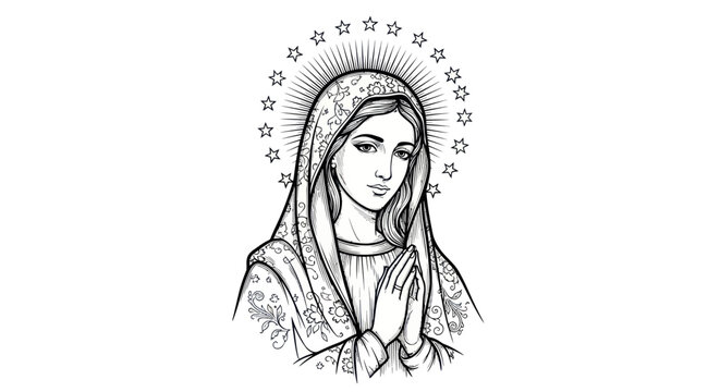 Virgin Mary Praying with Halo of Stars, Religious Illustration