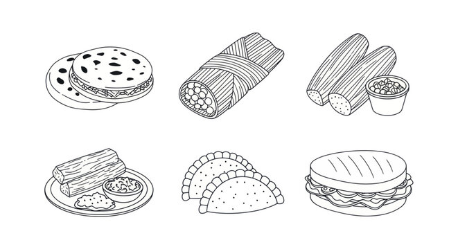 Hand-drawn Mexican Food Illustrations: Tamales, Empanadas, Tortillas, and Sandwich
