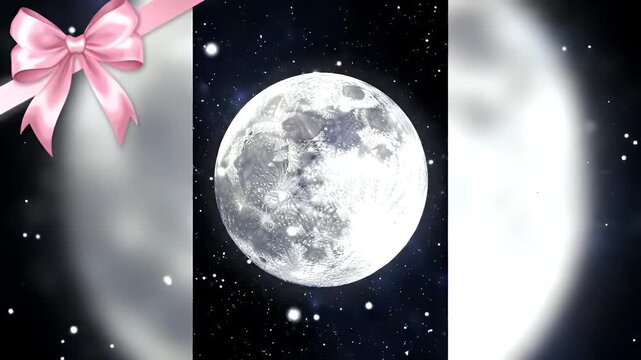 A Delicate Pink Satin Bow Framing a Bright Full Moon in a Quiet Night Sky