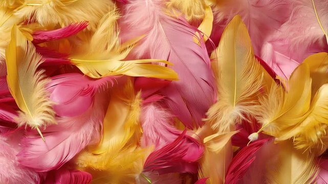Colorful pink and yellow feathers scattered on a textured surface  