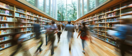 Wide angle view of people moving inside a modern public library, showing open interior, bookshelves, learning environment and everyday public activity.