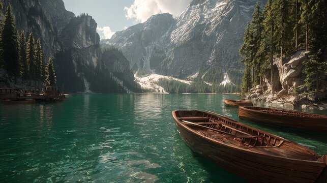 Boats on the Braies Lake (Pragser Wildsee) in Dolomites