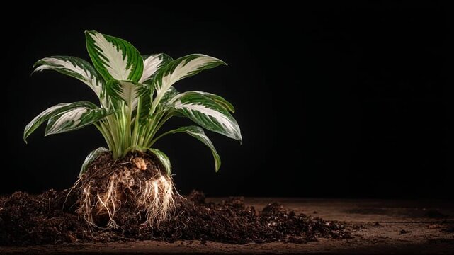 A vibrant plant showcases its roots in fertile soil against a deep black backdrop, creating a striking contrast