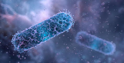 Bacillus subtilis bacterium in hydrated extracellular biofilm matrix. Enzyme production proteases, amylases, fermentation technology, probiotic development. Industrial biotechnology, synthetic biology