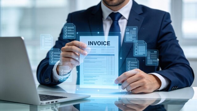Businessman holding digital invoice document,online billing and electronic paperwork management concept with virtual document processing system