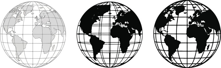 Minimalist vector earth globes in different line weights and shading