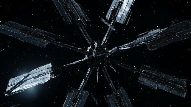 A large, geometric space station with multiple connected modules in a star-filled void