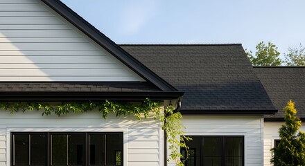 Modern Home Exterior With Black Trim And Lush Greenery