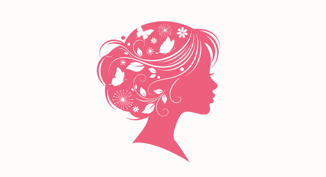 Clean and modern flat illustration of a feminine side profile decorated with floral and butterfly accents.