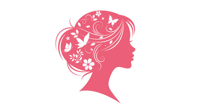 Clean and modern flat illustration of a feminine side profile decorated with floral and butterfly accents.
