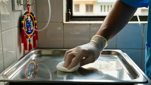 Close-up of gloved hand cleaning a stainless steel tray in a bright kitchen with traditional decor on the wall