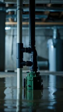 Submersible sump pump system operating in flooded basement, vertical PVC discharge line with check valve preventing backflow, groundwater mitigation, stormwater management, residential flood control