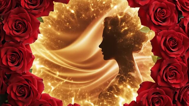 Elegant woman's silhouette framed by red roses and golden light