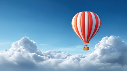 Obraz premium A vibrant hot air balloon floats above fluffy clouds under a clear blue sky, creating a serene and picturesque scene.