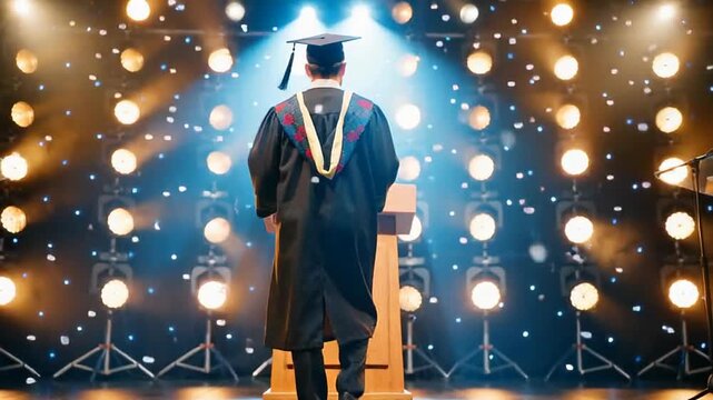 A graduate in cap and gown stands in front of a podium, illuminated by bright stage lights and a starry backdrop, signaling achievement and celebration