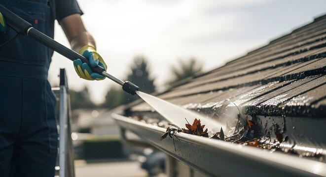 Man Using Pressure Washer To Clean Gutters On Roof Of House