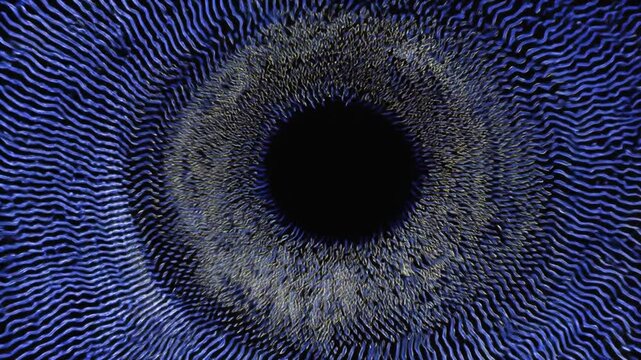 A detailed abstract pattern with a dark void at the center, surrounded by wavy blue and gold lines