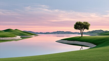 Naklejka premium A serene landscape featuring a calm lake, gently rolling green hills, and a solitary tree under a pastel sky at sunset.