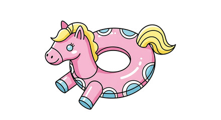 Fototapeta premium Cartoon horse shaped inflatable swimming ring with pink and blue colors.