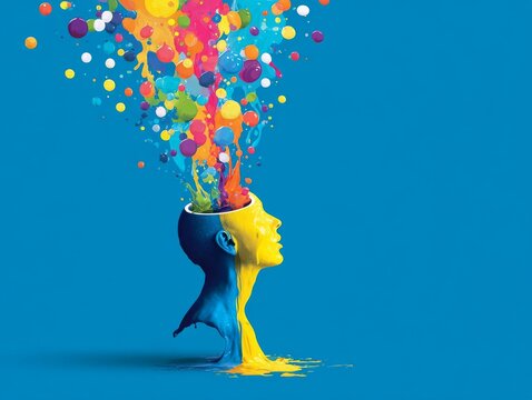  Abstract Head with Exploding Multicolor Paint Splashes on Blue Background Creativity Innovation and Ideas