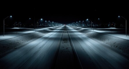 Empty snowy road at night, lit by streetlights