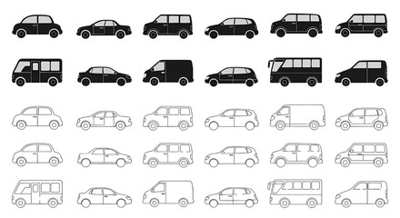 Vehicle CAD Drawing Set &ndash; Car Bus Van Silhouette and Outline Side View Vector Collection for Automotive Blueprint Design