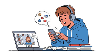 Student captivated by smartphone notifications, with a video conference on laptop, illustrating digital distractions during online learning