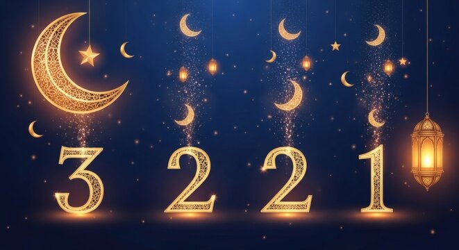 Enchanting golden countdown 3, 2, 1 with sparkling crescent moons, stars, and an ornate lantern, set against a dark blue festive night sky, perfect for special celebrations