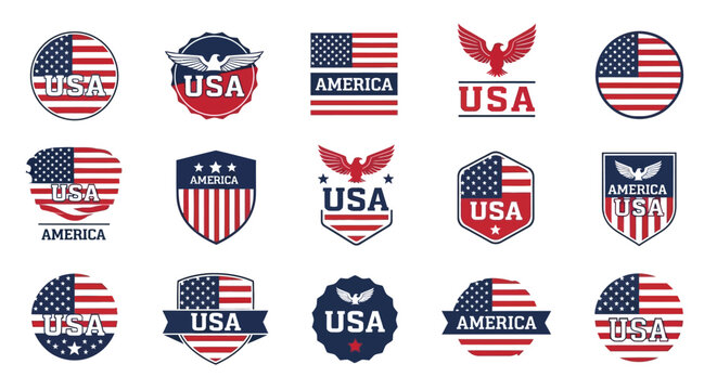 Collection of USA-themed emblems and logos featuring American flags and patriotic symbols