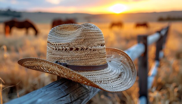 Straw cowboy hat on a wooden fence at sunset with horses grazing