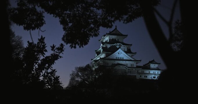 Glowing 16th century Matsumoto castle with silhouetted foliage at dusk
