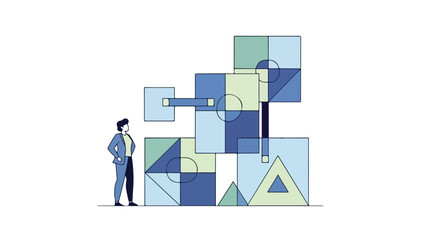 A businessman in a blue suit stands beside a large graphic design of geometric shapes in various shades of blue and green on a white background.