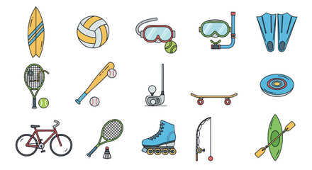 Sports Equipment Icons: Surfing, Volleyball, Diving, Tennis, Golf, Skating, Cycling & More © Yuni