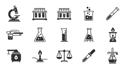 Obraz premium Science Laboratory Icons: Microscope, Test Tubes, Beaker, Flasks, Burner, Scales