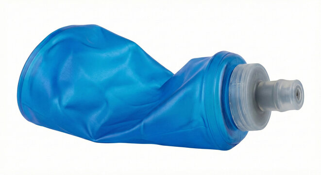 Blue TPU collapsible soft flask for trail running with grey bite valve, isolated on white.