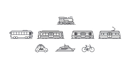Set of Transportation Icons: Train, Bus, Tram, Taxi, Yacht, Bicycle © Botol