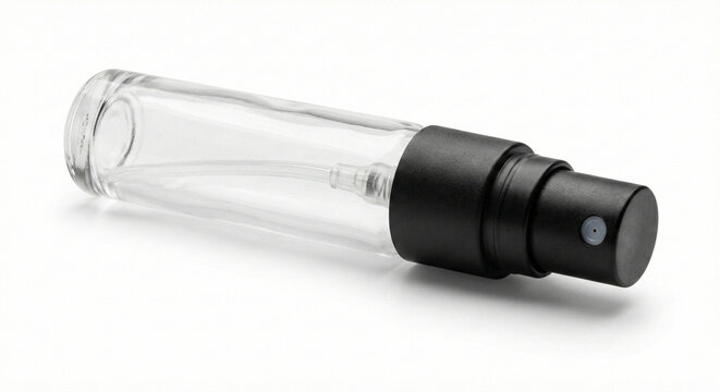 Slim 10ml clear glass perfume decant bottle with black spray atomizer head on white background.