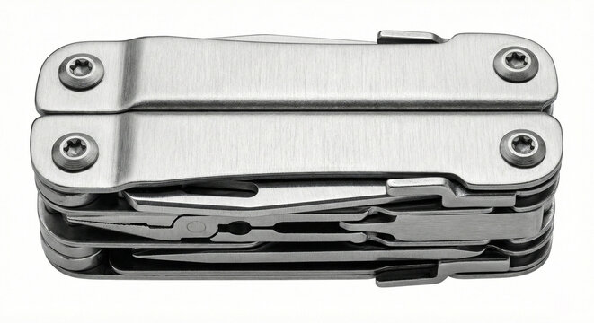 Folded stainless steel multitool with brushed metal finish and torx screws isolated on white.
