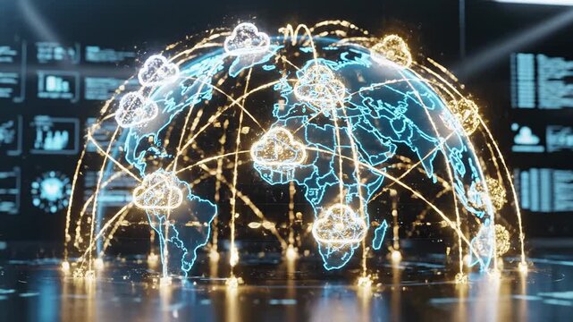 Digital globe with illuminated cloud icons and data connections, showcasing global connectivity and information flow across continents in a high-tech environment