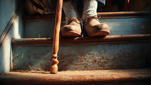 High-fidelity real closeup of elder's leather loafers on library wooden steps down, ebony cane with brass handle gripped tight, dust motes in air